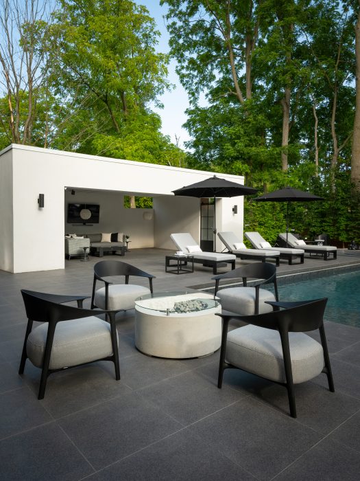 Vondom Africa Black Club Chairs and Dekko Belmont Fire Pit
