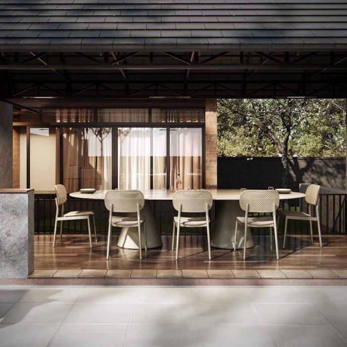 Breeze Dining Side Chair in Ecru with Vondom Gatsby Oval Dining Table