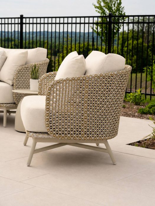 Breeze Cushioned Club Chair in Sand, White, Light Grey Wicker with Ecru Aluminum