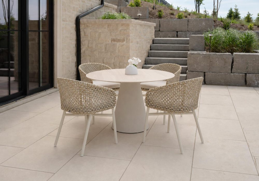Breeze Dining Arm Chairs in Sand, White, and Light Grey with Ecru Base and Vondom Gatsby Round Dining Table